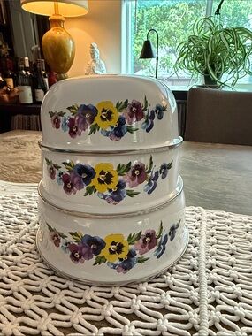 Vintage GMI Enamelware Pansy Floral Cottagecore Nesting Mixing Bowls Set of 3